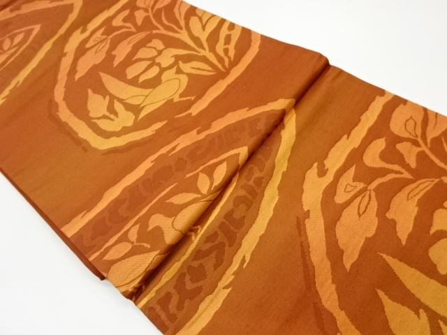 JAPANESE KIMONO / VINTAGE NAGOYA OBI / WOVEN ABSTRACT FLOWER WITH BIRDS